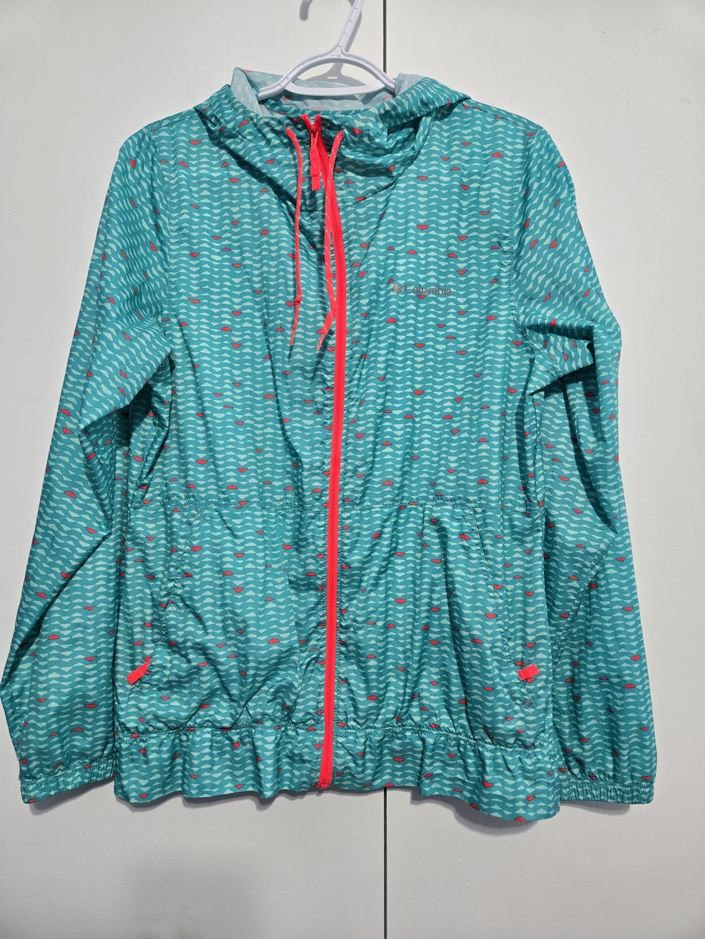 Columbia Teal Printed Hooded Windbreaker Jacket Small Coral Zip
